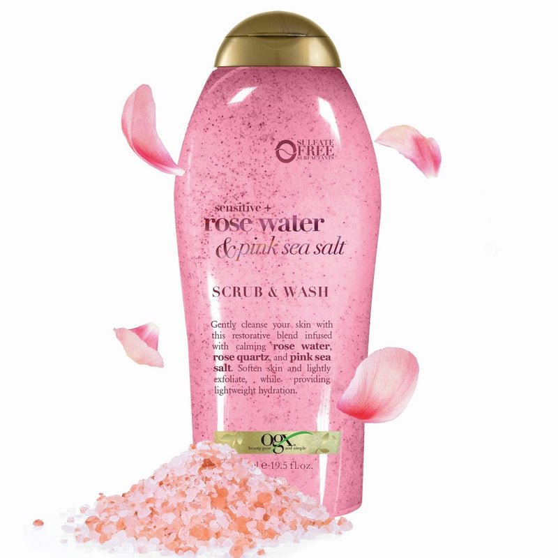 OGX Sensitive + Rose Water & Pink Sea Salt Scrub & Wash - 19.5 fl oz