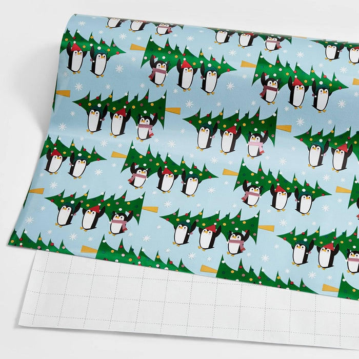 25 sq ft Penguins with Tree Gift Wrap Light Blue - Wondershop