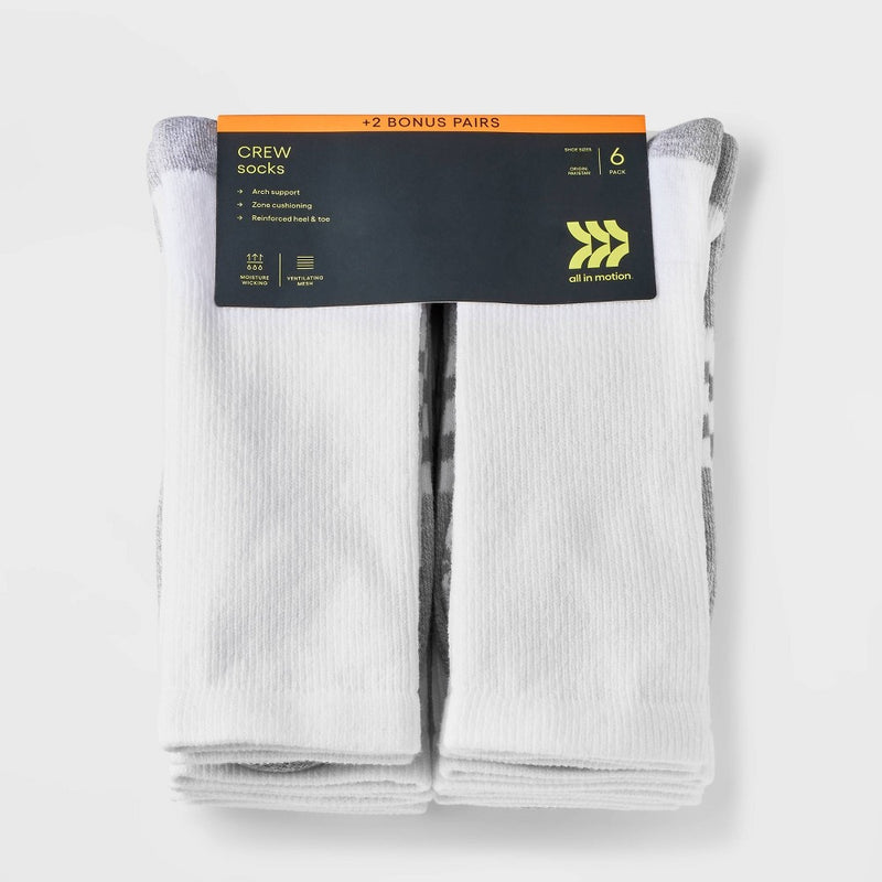 Men's Training 8pk Crew Socks - All in Motion White 6-12