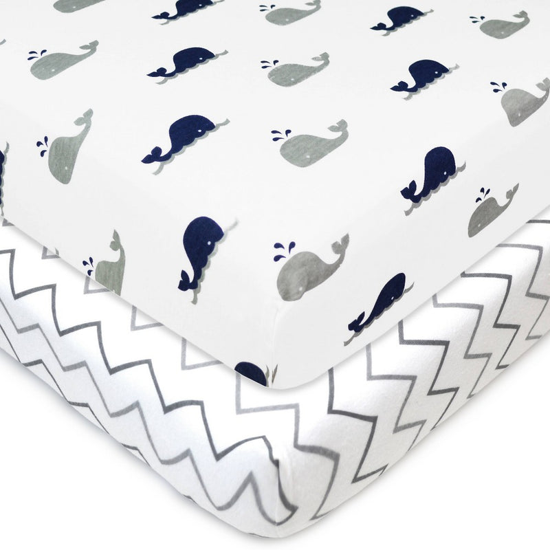 TL Care Printed 100% Cotton Knit Fitted Mini Crib Sheet - Navy Whale/Zigzag 2pk