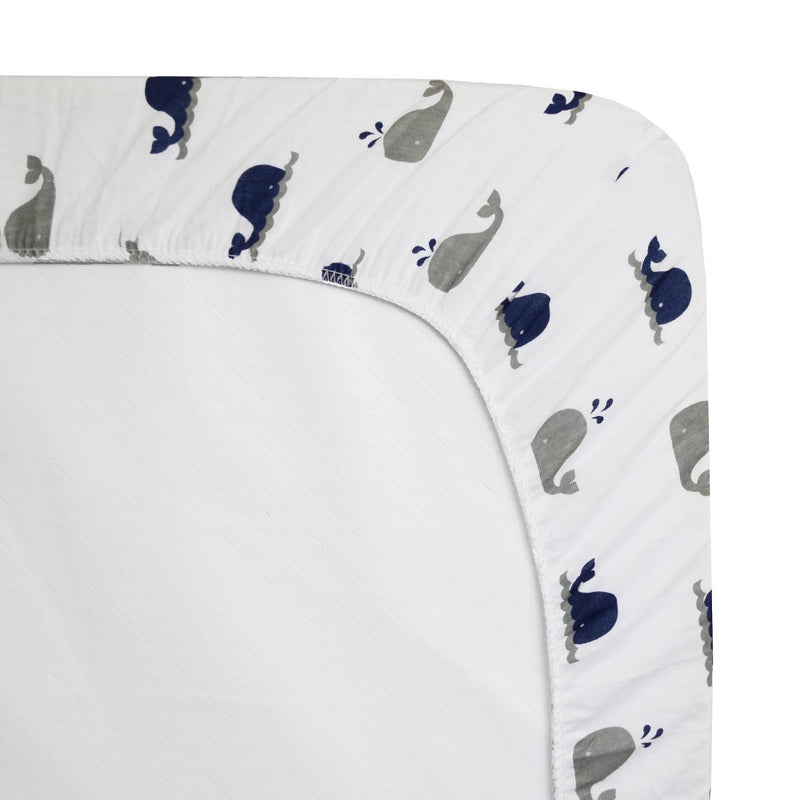 TL Care Printed 100% Cotton Knit Fitted Mini Crib Sheet - Navy Whale/Zigzag 2pk