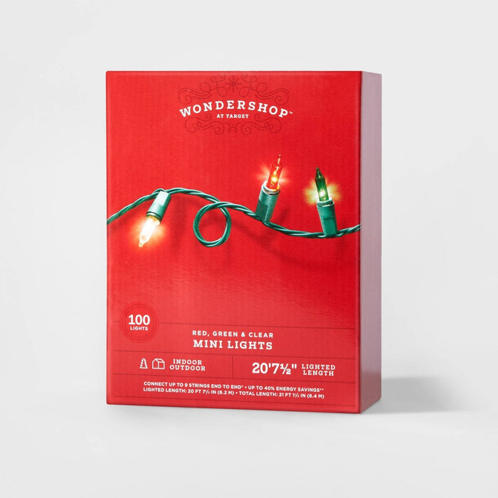 100ct Incandescent Smooth Mini Christmas String Lights Red/Green/White with Green Wire - Wondershop