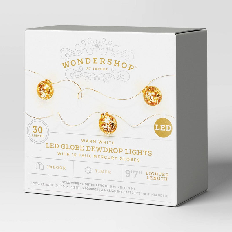 30ct LED Battery Operated Faux Mercury Gold Globe Christmas String Lights Warm White Gold Wire - Wondershop