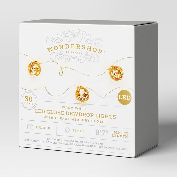 30ct LED Battery Operated Faux Mercury Gold Globe Christmas String Lights Warm White Gold Wire - Wondershop