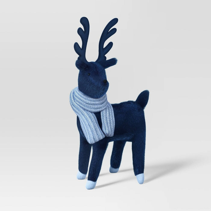 14.5" Plush Deer Wearing Scarf Animal Christmas Figurine - Wondershop Navy/Light Blue