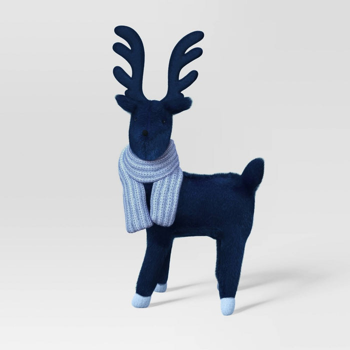 14.5" Plush Deer Wearing Scarf Animal Christmas Figurine - Wondershop Navy/Light Blue