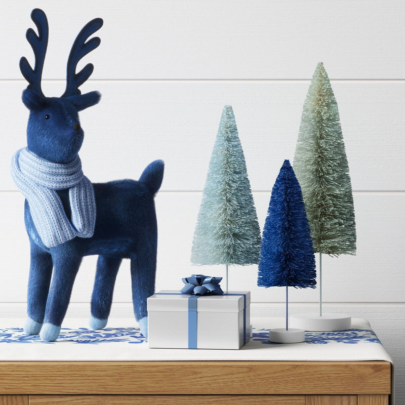 14.5" Plush Deer Wearing Scarf Animal Christmas Figurine - Wondershop Navy/Light Blue