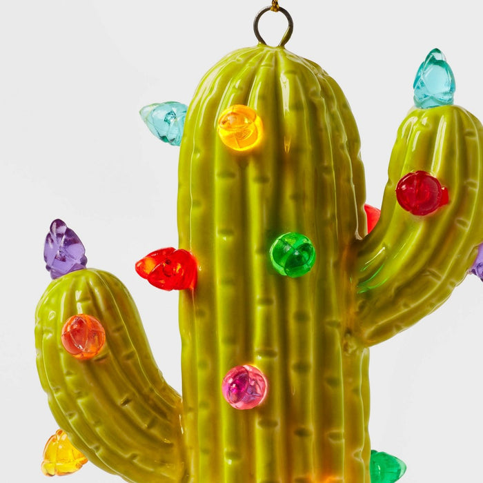 Battery Operated Lit Ceramic Cactus Christmas Tree Ornament Green - Wondershop