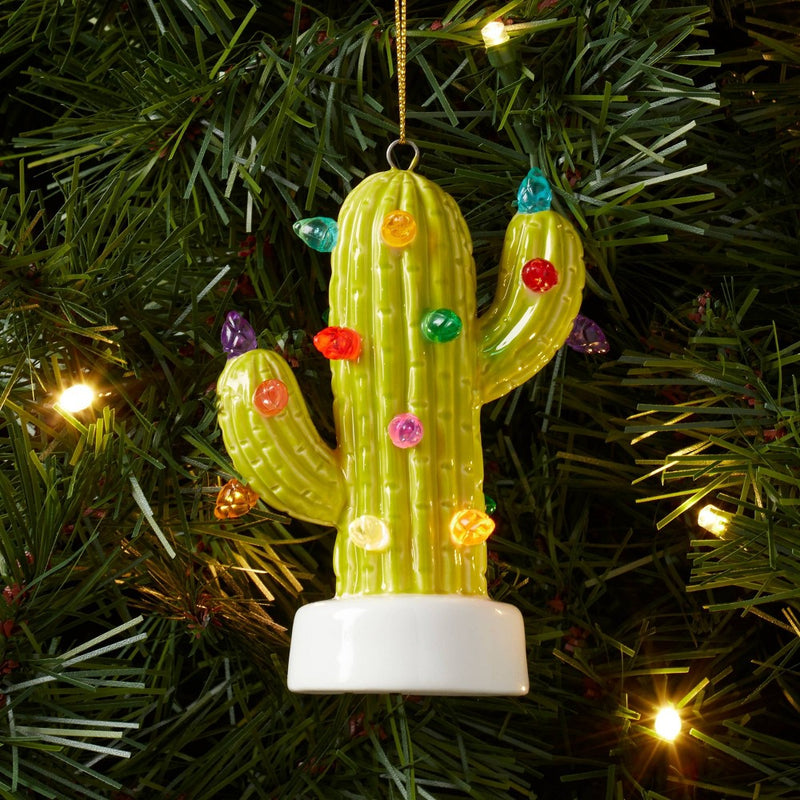 Battery Operated Lit Ceramic Cactus Christmas Tree Ornament Green - Wondershop
