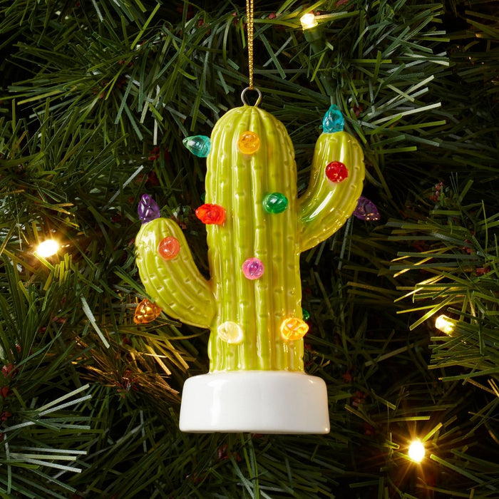 Battery Operated Lit Ceramic Cactus Christmas Tree Ornament Green - Wondershop