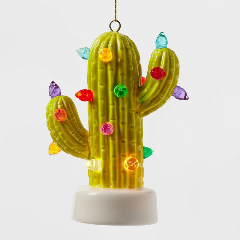 Battery Operated Lit Ceramic Cactus Christmas Tree Ornament Green - Wondershop