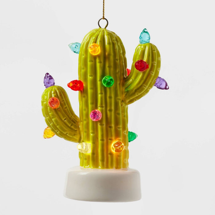 Battery Operated Lit Ceramic Cactus Christmas Tree Ornament Green - Wondershop