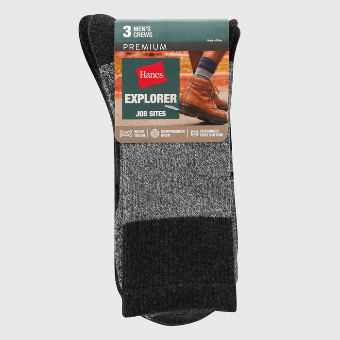 Hanes Premium Men's Explorer Job Sites Crew Socks 3pk - Gray/Black 6-12
