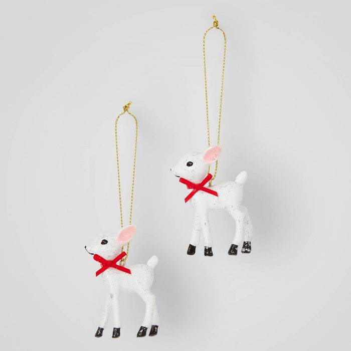 2ct Retro Small Deer Christmas Tree Ornament Set White - Wondershop