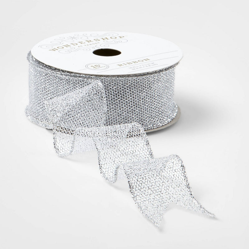 1.5" Mesh Fabric Ribbon White/Silver 15ft - Wondershop