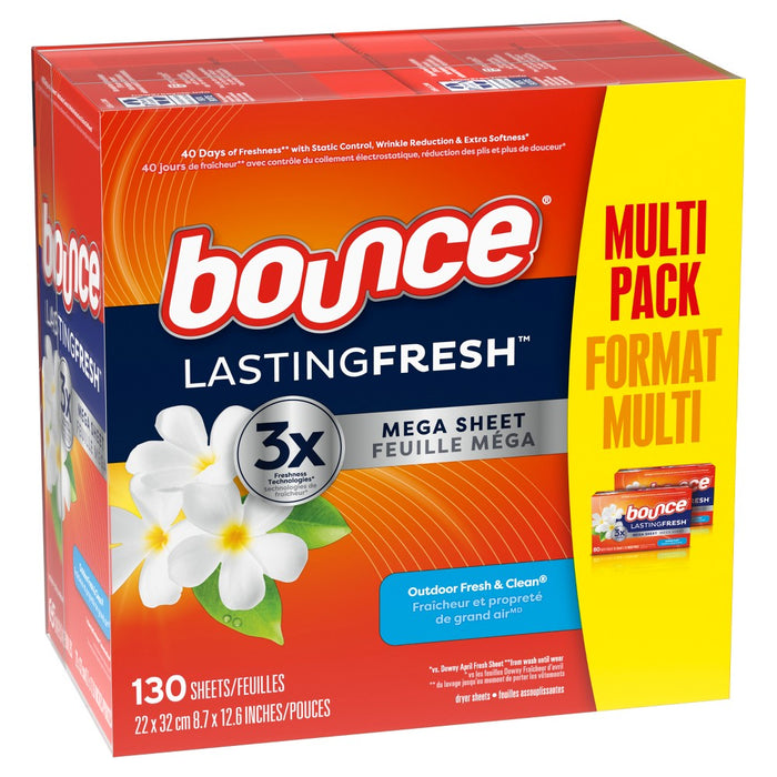 Bounce Lasting Fresh Mega Dryer Sheets, Outdoor Fresh & Clean Fabric Softener Sheets for Long Lasting Freshness - 130ct