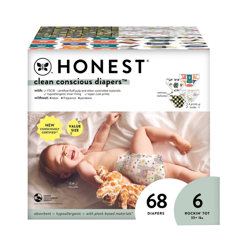 The Honest Company Clean Conscious Disposable Diapers Four Print Pack - Size 6 - 68ct