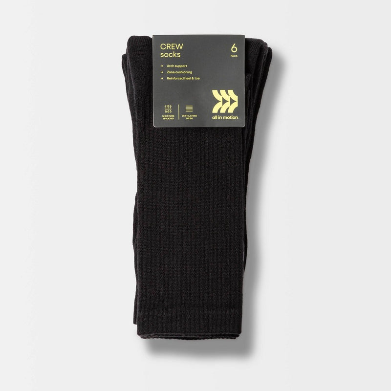 Men's Active Crew Socks 6pk - All in Motion Black 6-12