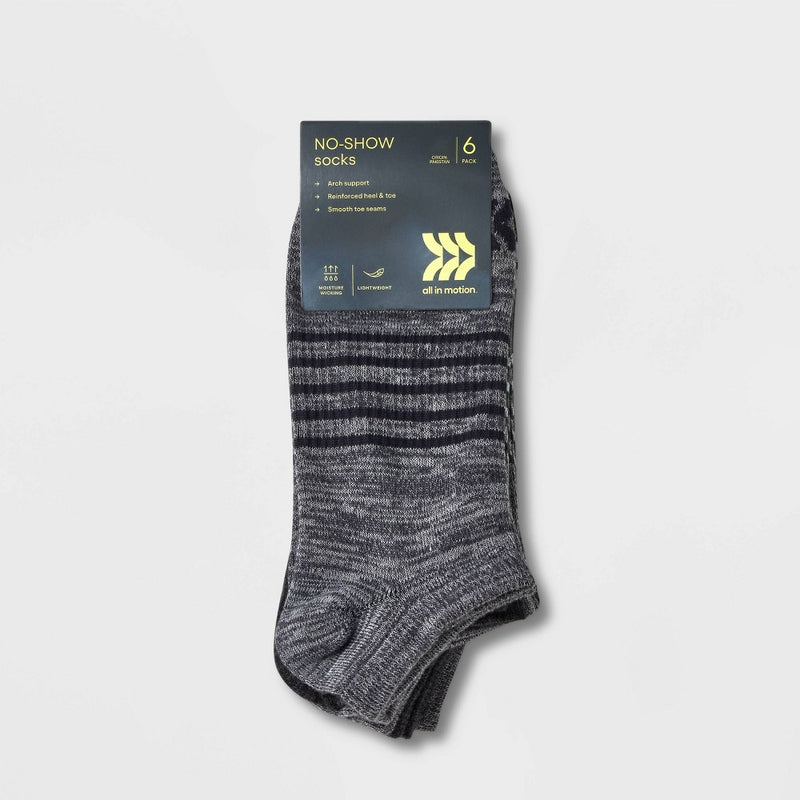 Men's Striped Light Weight Random Feed Socks 6pk - All in Motion Gray/Black 6-12