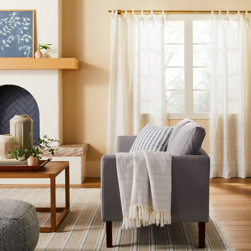 95" Subtle Grid Lines Curtain Panel Cream/Blue - Hearth & Hand with Magnolia