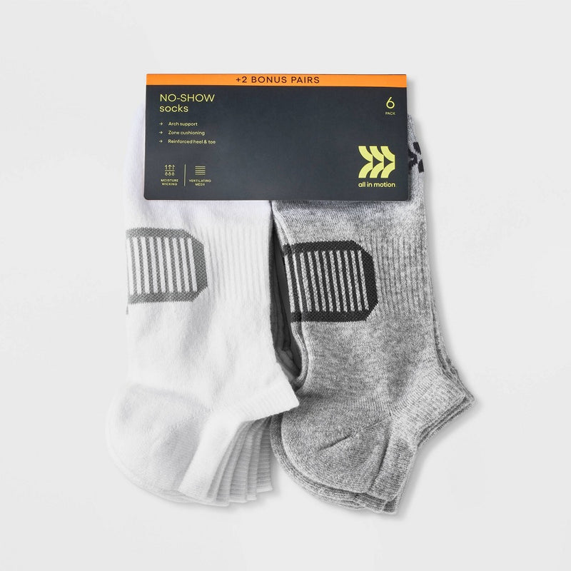 Men's Training 8pk No Show Socks - All in Motion White/Gray 6-12