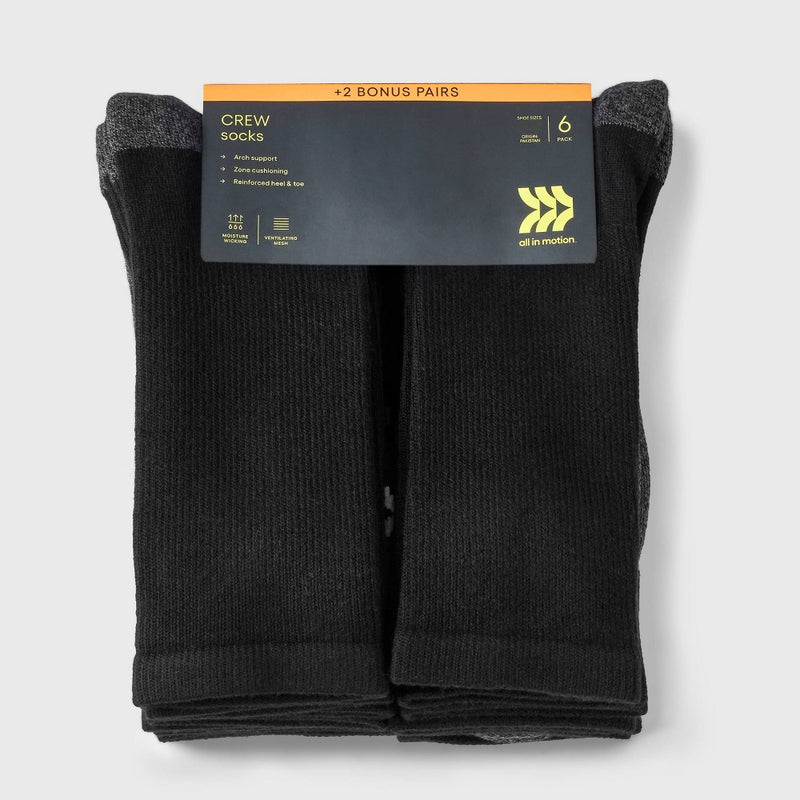 Men's Training 8pk Crew Socks - All in Motion Black 6-12