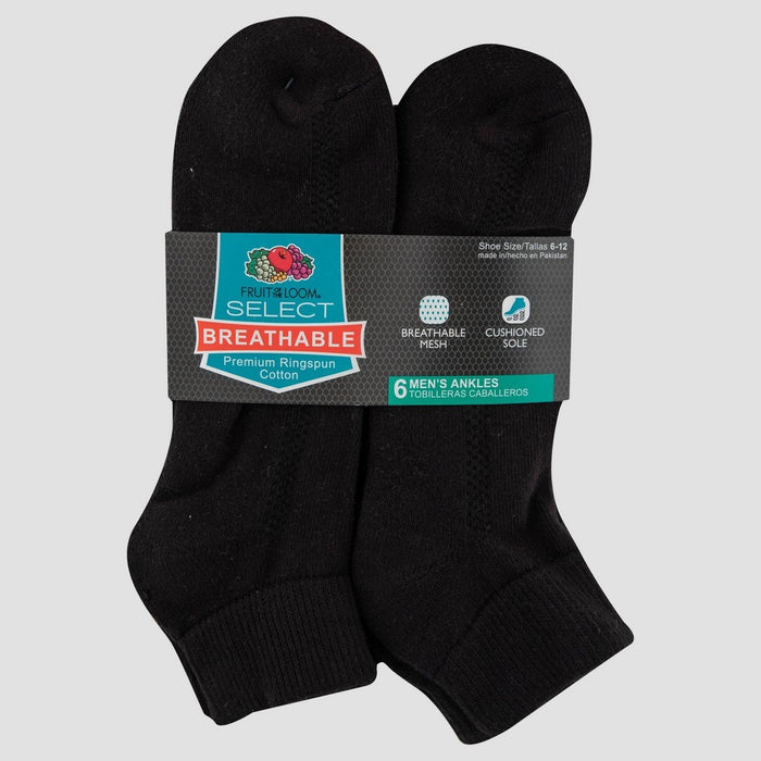 Men's Fruit of the Loom Breathable 6pk Ankle Socks - Black 6-12