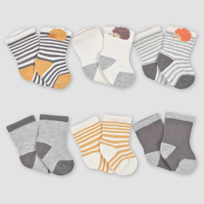 Gerber Baby Boys' 6pk Jersey Wiggle Proof Hedgehog Socks - Gray/Yellow/Navy Blue
