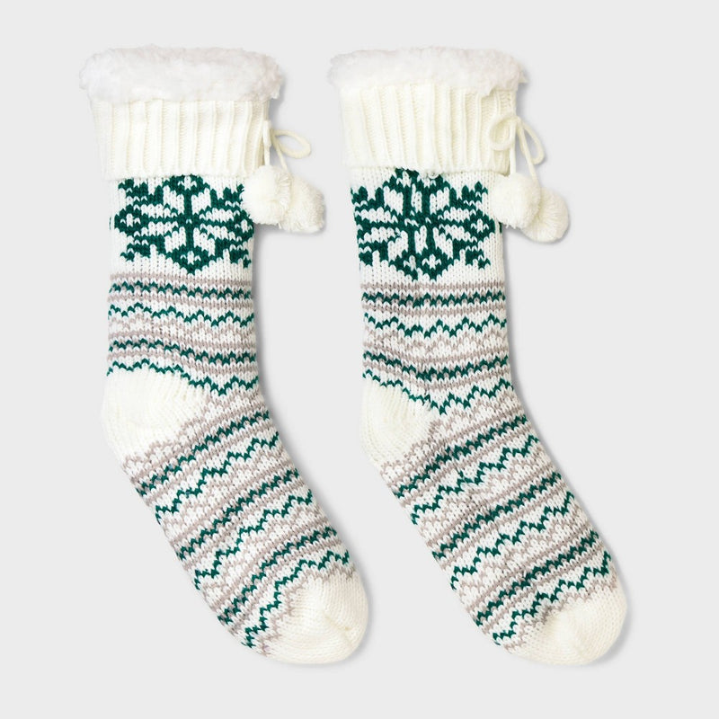 Women's Snowflake Fair Isle Faux Shearling Lined Slipper Socks with Poms & Grippers - Ivory/Green 4-10