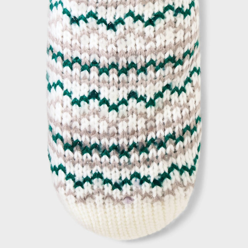 Women's Snowflake Fair Isle Faux Shearling Lined Slipper Socks with Poms & Grippers - Ivory/Green 4-10