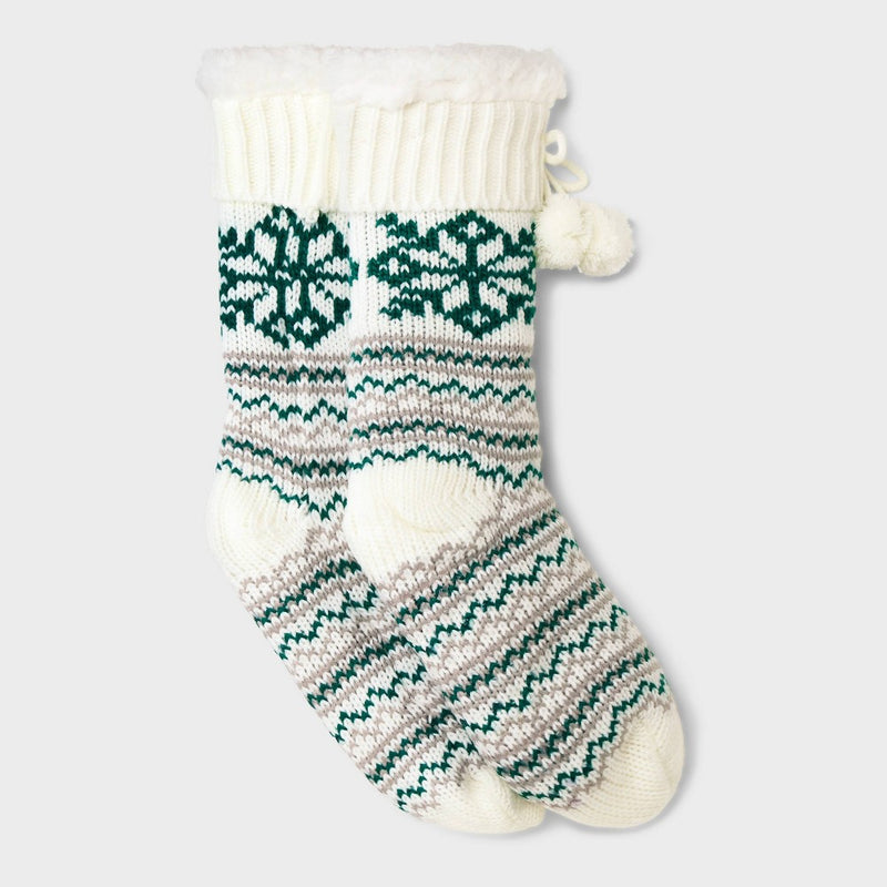 Women's Snowflake Fair Isle Faux Shearling Lined Slipper Socks with Poms & Grippers - Ivory/Green 4-10