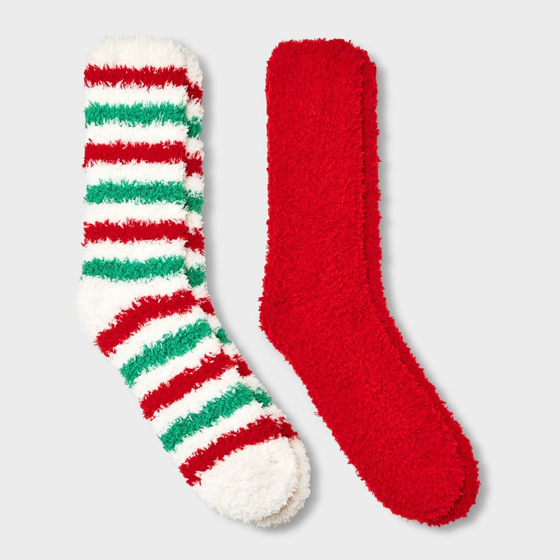 Women's 2pk Faux Shearling Cozy Crew Socks - Red/Green 4-10