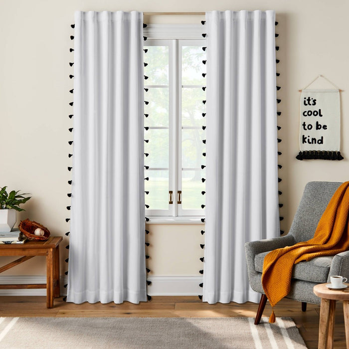 84" Blackout Tassel Kids' Curtain Panel White/Black - Pillowfort