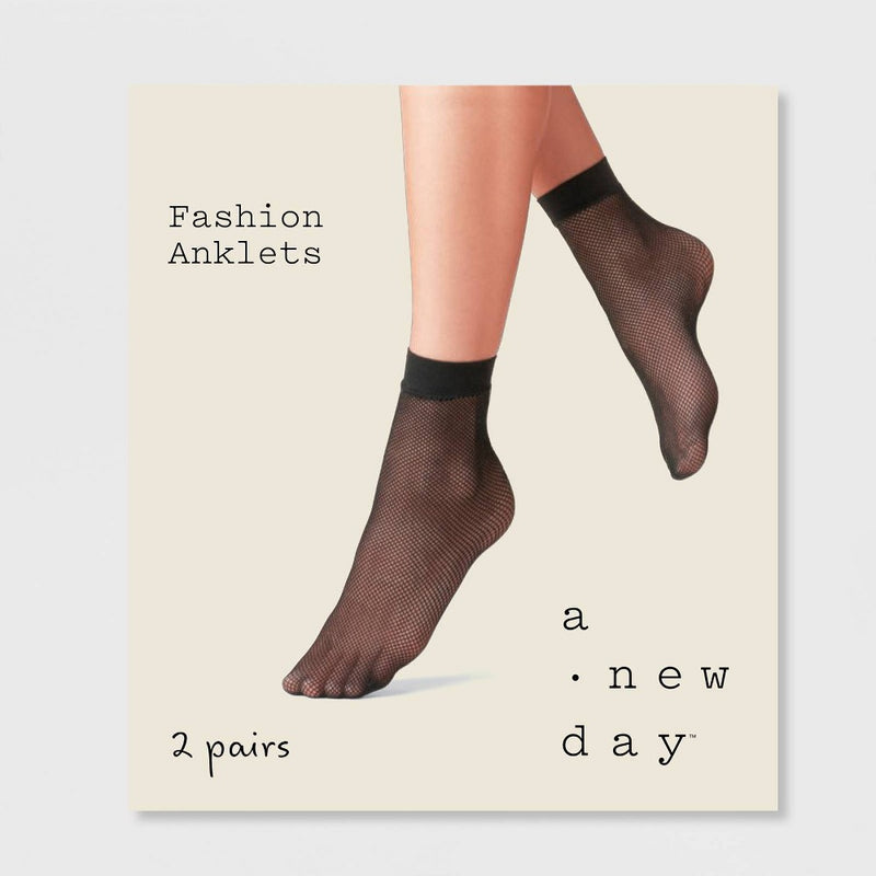 Women's Fishnet & 20D Sheer 2pk Anklet Socks - A New Day Black One Size