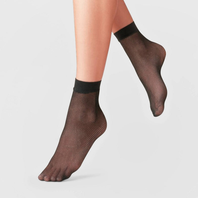 Women's Fishnet & 20D Sheer 2pk Anklet Socks - A New Day Black One Size