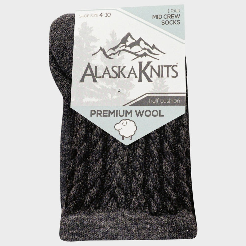 Alaska Knits Women's Textured Cable Wool Blend Mid Crew Socks - Charcoal Gray 4-10