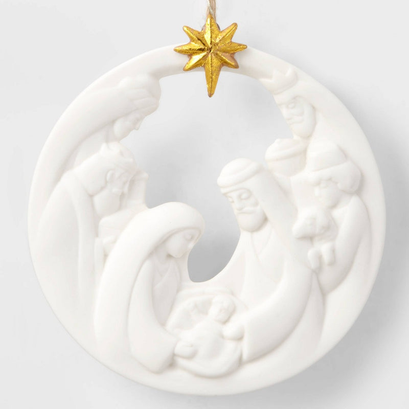 Ceramic Nativity Christmas Tree Ornament White/Gold - Wondershop