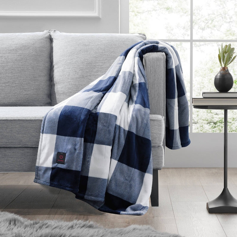 50"x60" Cozy Heated Throw Blanket Navy Buffalo Plaid - Brookstone