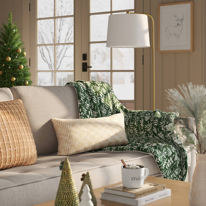 Trees Printed Plush with Faux Shearling Reverse Throw Blanket Green/White - Threshold
