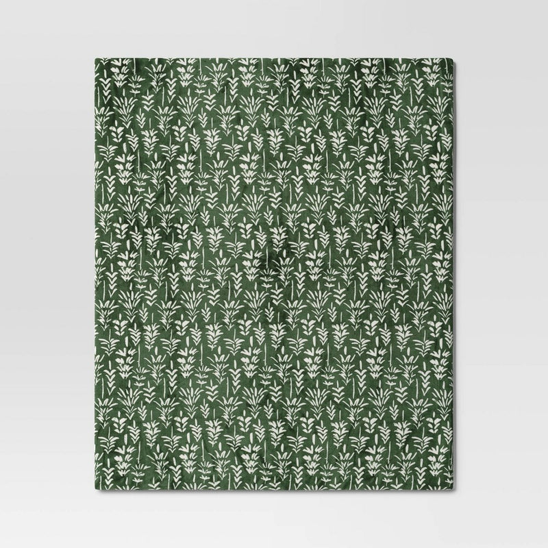 Trees Printed Plush with Faux Shearling Reverse Throw Blanket Green/White - Threshold