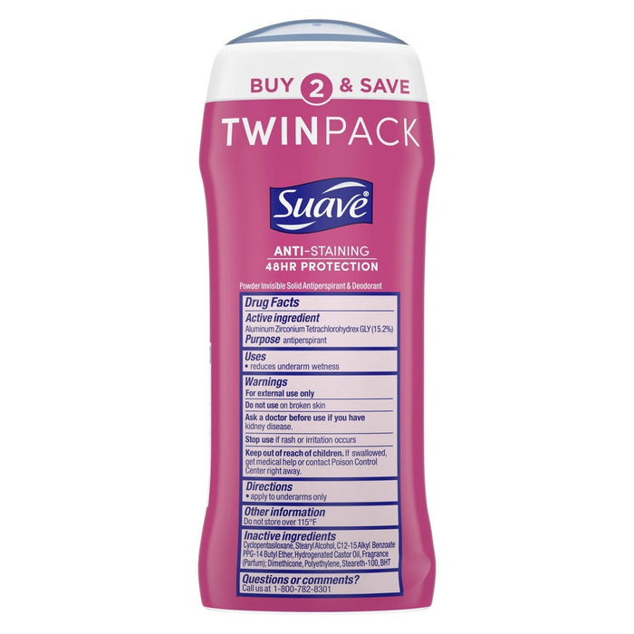 Suave Powder Anti-Staining 48-Hour Antiperspirant & Deodorant Stick - 2.6oz/2pk