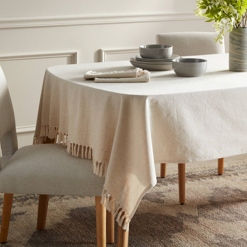 60" x 84" Cotton Slub Tablecloth with Tied Fringe Light Beige - Threshold
