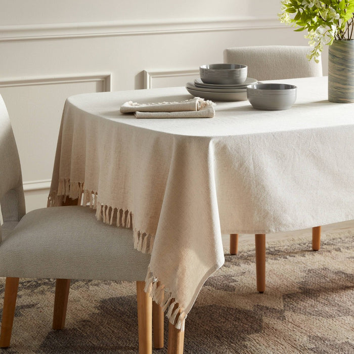 60" x 84" Cotton Slub Tablecloth with Tied Fringe Light Beige - Threshold