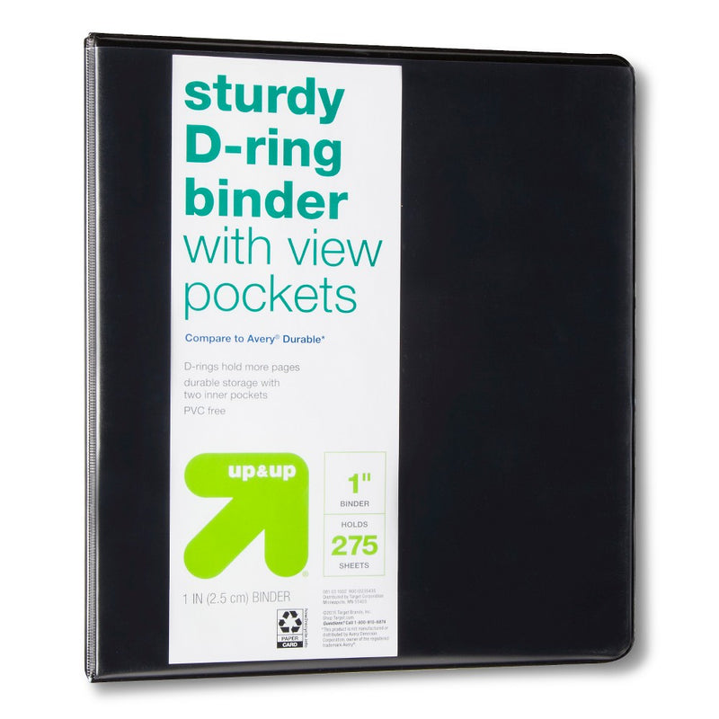 1" 3 Ring Binder Clear View Black (Compare to Avery Durable) up & up
