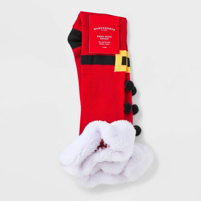 Women's Santa with Poms Holiday Knee High Socks with Faux Fur Cuff - Wondershop Red 4-10