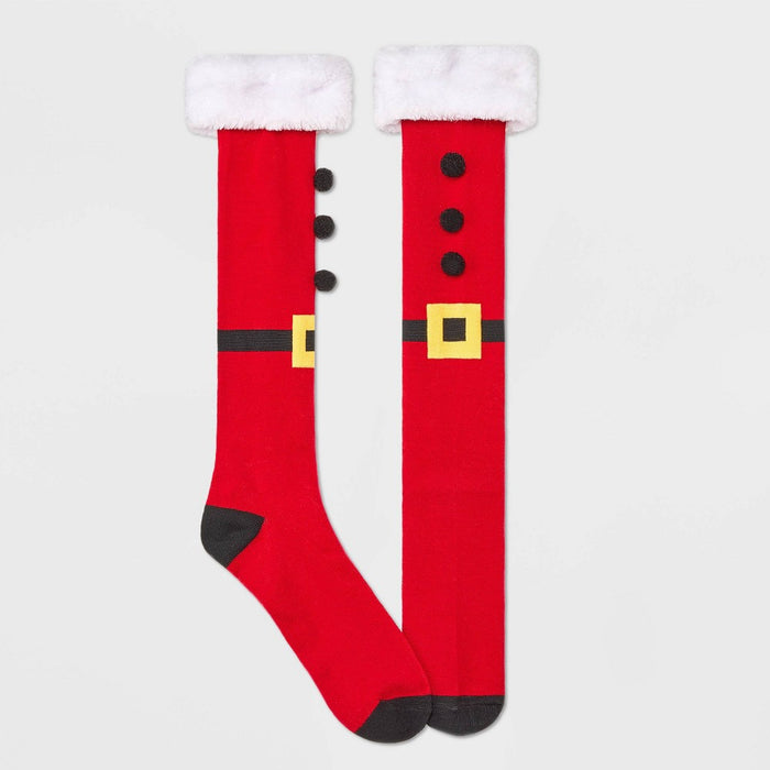 Women's Santa with Poms Holiday Knee High Socks with Faux Fur Cuff - Wondershop Red 4-10