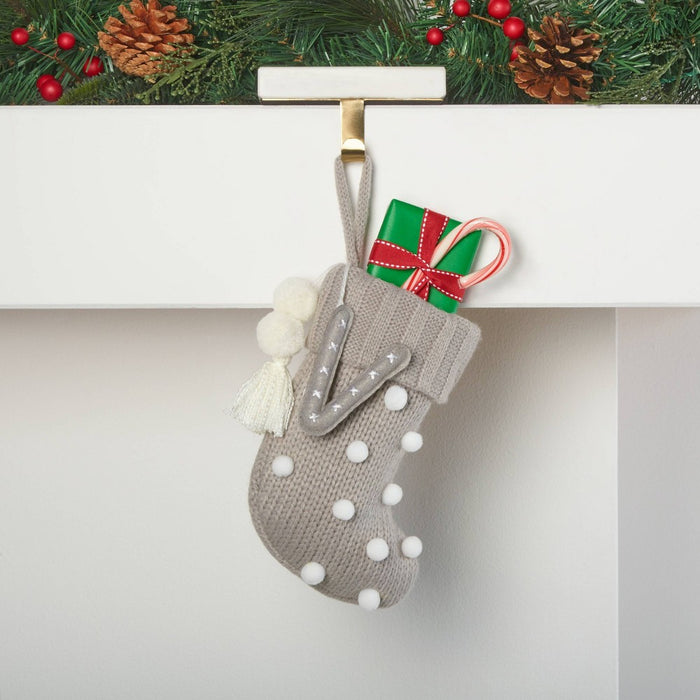 Mini Knit Monogram Christmas Stocking with Poms Gray V - Wondershop