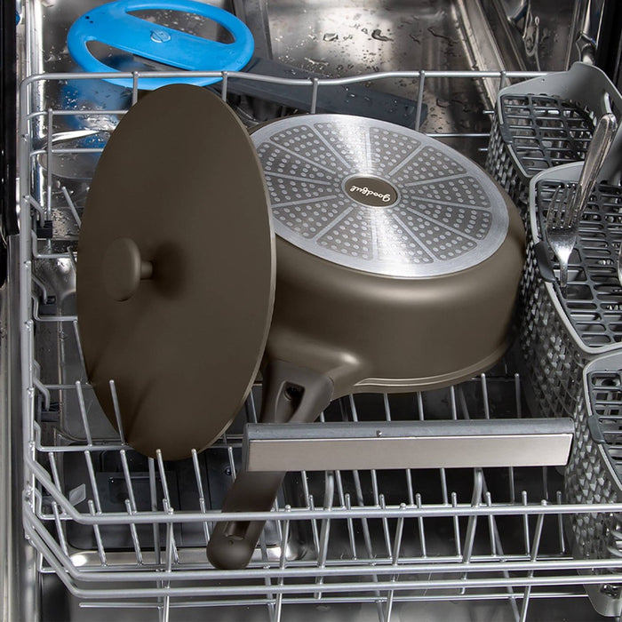 Goodful 3qt Cast Aluminum, Ceramic Deep Cooker with Lid, Side Handle and Long Handle Charcoal