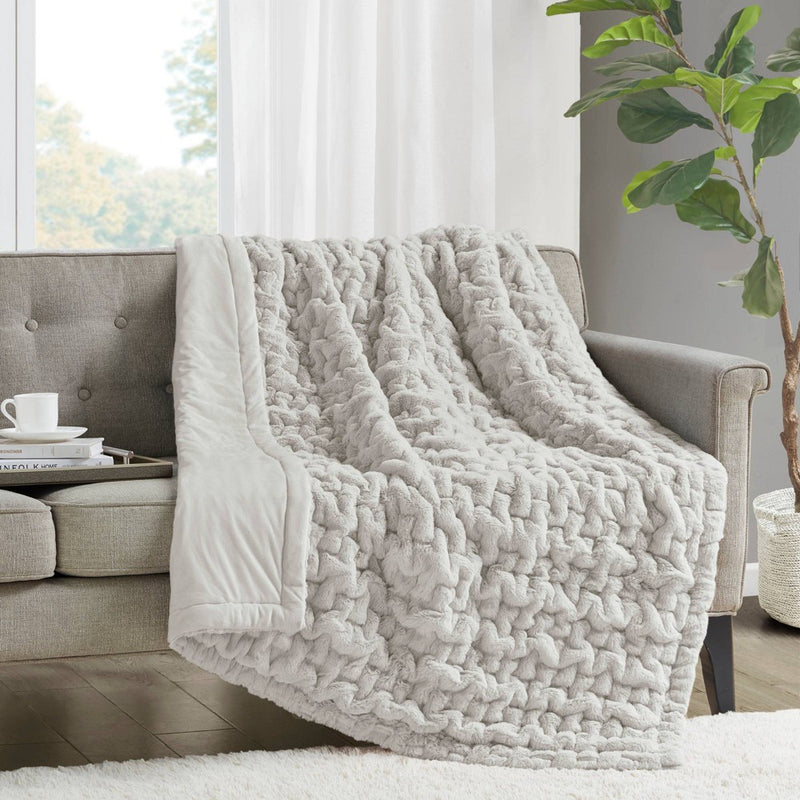 50"x60" Ruched Faux Fur Throw Blanket Silver Gray - Madison Park