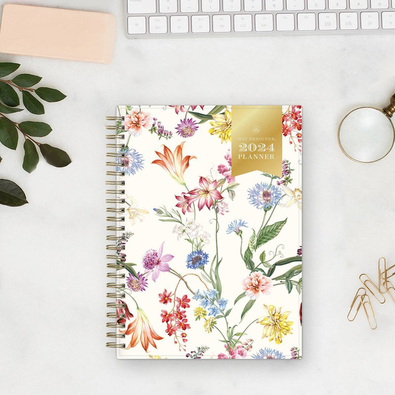 Day Designer 2024 Planner with Notes Pages 5.875"x8.625" Weekly/Monthly Wild Blooms White